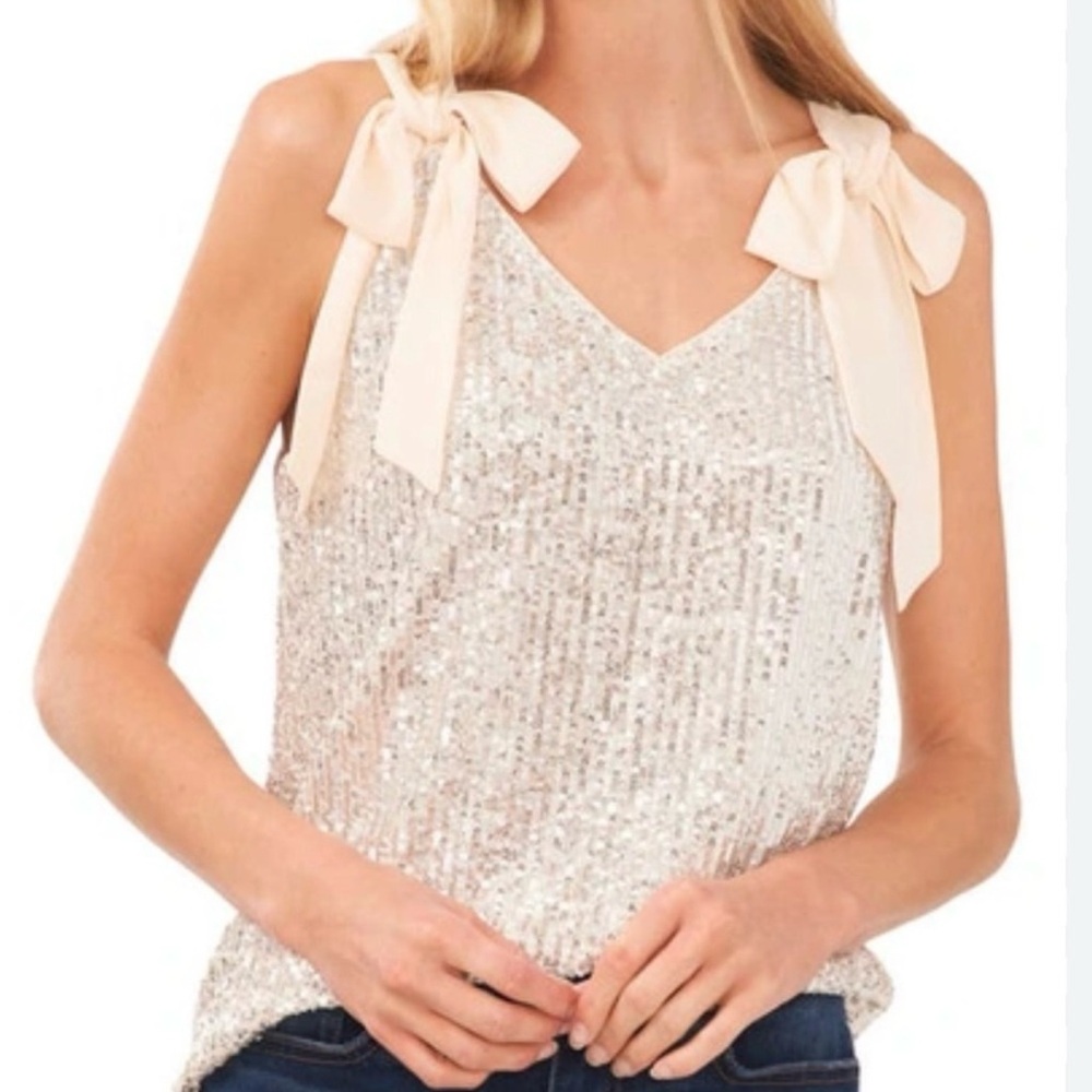 CeCe Cream Sequin Tie Front Sleeveless Tank Top